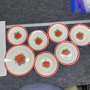 Citrus Grove Christmas Poinsettia 7pc Stoneware Set Plates and Bowls Red White